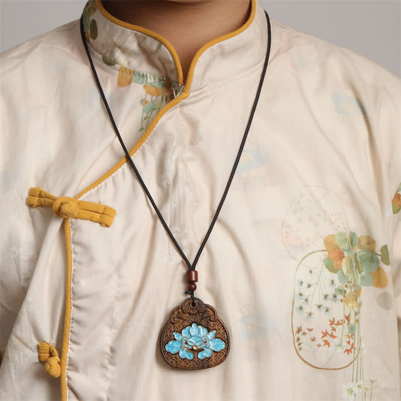 Buddha Stones Halskette aus Sappanholz, Lotus-Reinheit, emailliert, geflochtenes Seil - image 5