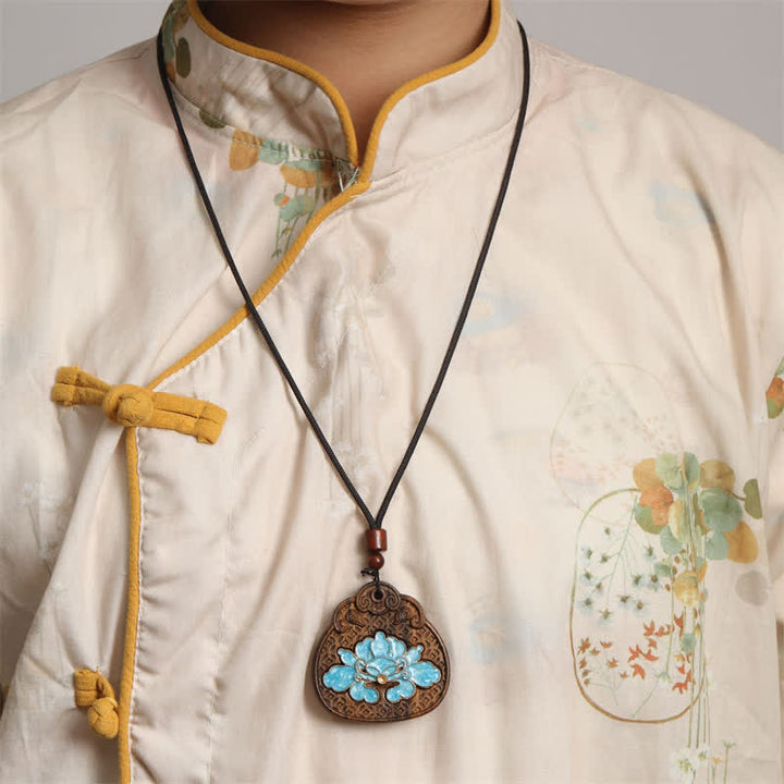 Buddha Stones Halskette aus Sappanholz, Lotus-Reinheit, emailliert, geflochtenes Seil - image 5