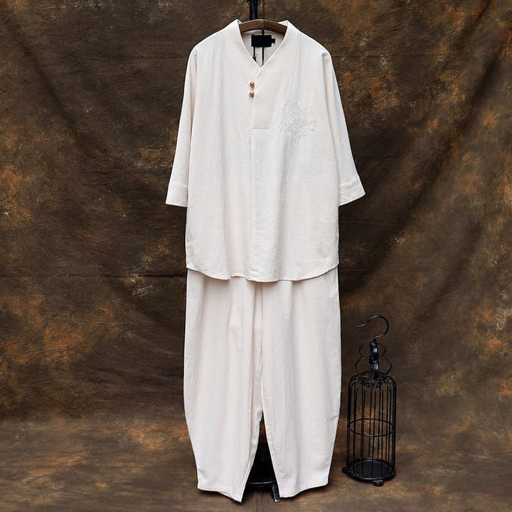 Buddha Stones 2-teiliges Set für Frühling und Sommer: Tang-Stil Hemd und Hose mit Mandarin-Kragen, Stickerei, einfarbige Baumwolle, Herren-Meditationskleidung mit Taschen - Beige - US/UK/AU46, EU56 (5XL) - image 0