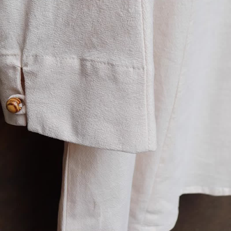 Buddha Stones 2-teiliges Set für Frühling und Sommer: Tang-Stil Hemd und Hose mit Mandarin-Kragen, Stickerei, einfarbige Baumwolle, Herren-Meditationskleidung mit Taschen - image 10