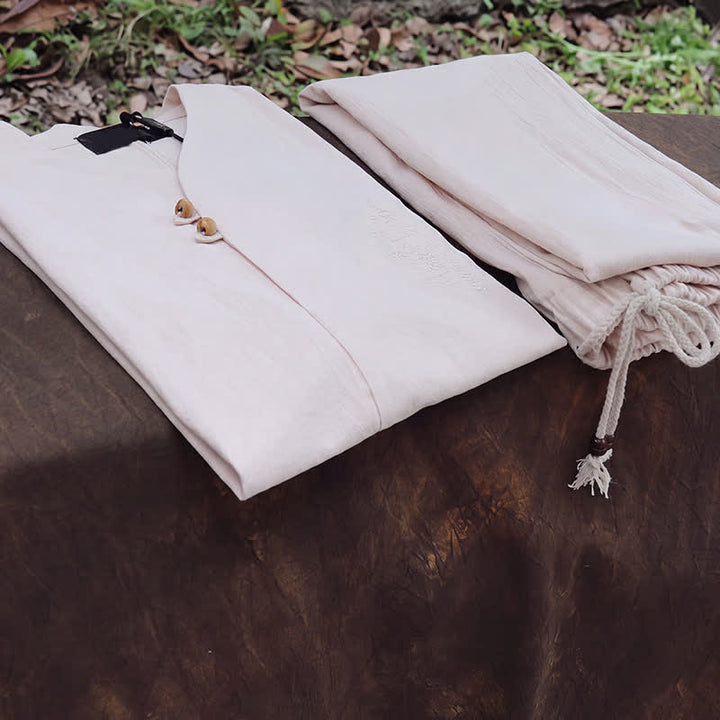 Buddha Stones 2-teiliges Set für Frühling und Sommer: Tang-Stil Hemd und Hose mit Mandarin-Kragen, Stickerei, einfarbige Baumwolle, Herren-Meditationskleidung mit Taschen - image 4