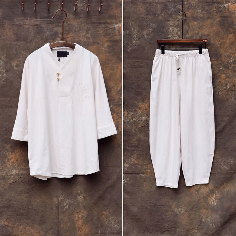 Buddha Stones 2-teiliges Set für Frühling und Sommer: Tang-Stil Hemd und Hose mit Mandarin-Kragen, Stickerei, einfarbige Baumwolle, Herren-Meditationskleidung mit Taschen - image 5