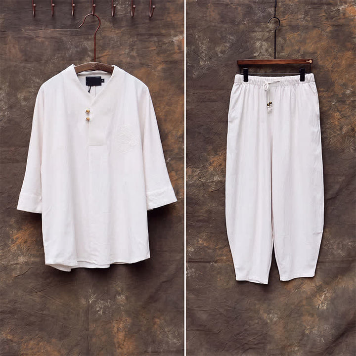 Buddha Stones 2-teiliges Set für Frühling und Sommer: Tang-Stil Hemd und Hose mit Mandarin-Kragen, Stickerei, einfarbige Baumwolle, Herren-Meditationskleidung mit Taschen - image 5