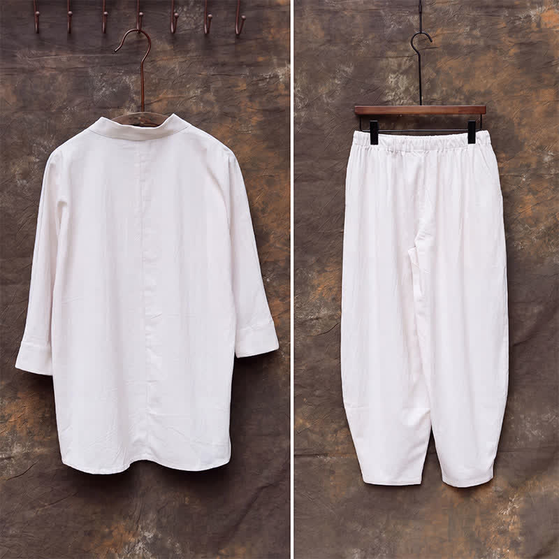 Buddha Stones 2-teiliges Set für Frühling und Sommer: Tang-Stil Hemd und Hose mit Mandarin-Kragen, Stickerei, einfarbige Baumwolle, Herren-Meditationskleidung mit Taschen - image 6