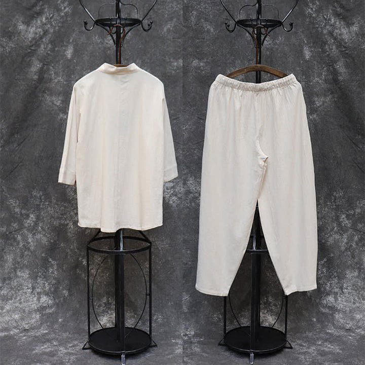 Buddha Stones 2-teiliges Set für Frühling und Sommer: Tang-Stil Hemd und Hose mit Mandarin-Kragen, Stickerei, einfarbige Baumwolle, Herren-Meditationskleidung mit Taschen - image 2