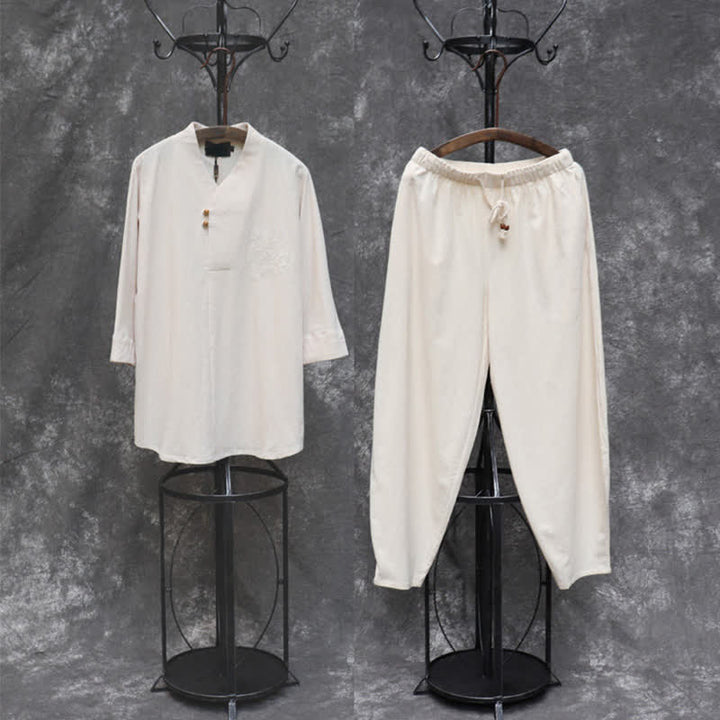 Buddha Stones 2-teiliges Set für Frühling und Sommer: Tang-Stil Hemd und Hose mit Mandarin-Kragen, Stickerei, einfarbige Baumwolle, Herren-Meditationskleidung mit Taschen - image 1