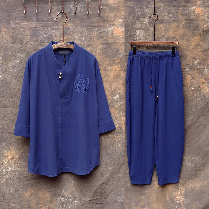 Buddha Stones 2-teiliges Set für Frühling und Sommer: Tang-Stil Hemd und Hose mit Mandarin-Kragen, Stickerei, einfarbige Baumwolle, Herren-Meditationskleidung mit Taschen - image 19