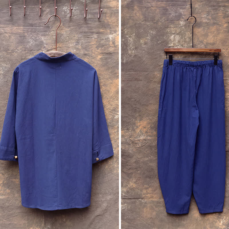 Buddha Stones 2-teiliges Set für Frühling und Sommer: Tang-Stil Hemd und Hose mit Mandarin-Kragen, Stickerei, einfarbige Baumwolle, Herren-Meditationskleidung mit Taschen - image 20