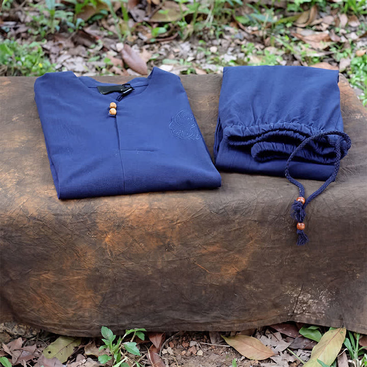 Buddha Stones 2-teiliges Set für Frühling und Sommer: Tang-Stil Hemd und Hose mit Mandarin-Kragen, Stickerei, einfarbige Baumwolle, Herren-Meditationskleidung mit Taschen - image 21