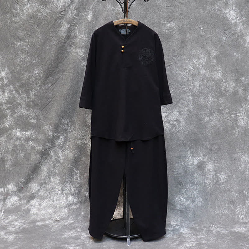 Buddha Stones 2-teiliges Set für Frühling und Sommer: Tang-Stil Hemd und Hose mit Mandarin-Kragen, Stickerei, einfarbige Baumwolle, Herren-Meditationskleidung mit Taschen - image 23