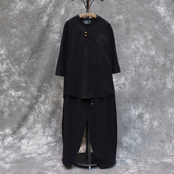 Buddha Stones 2-teiliges Set für Frühling und Sommer: Tang-Stil Hemd und Hose mit Mandarin-Kragen, Stickerei, einfarbige Baumwolle, Herren-Meditationskleidung mit Taschen - image 23
