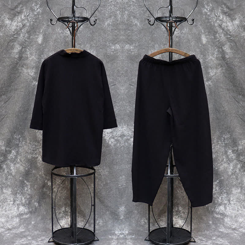 Buddha Stones 2-teiliges Set für Frühling und Sommer: Tang-Stil Hemd und Hose mit Mandarin-Kragen, Stickerei, einfarbige Baumwolle, Herren-Meditationskleidung mit Taschen - image 25