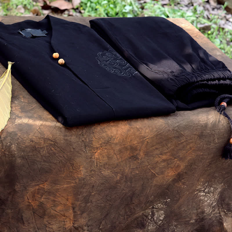 Buddha Stones 2-teiliges Set für Frühling und Sommer: Tang-Stil Hemd und Hose mit Mandarin-Kragen, Stickerei, einfarbige Baumwolle, Herren-Meditationskleidung mit Taschen - image 26