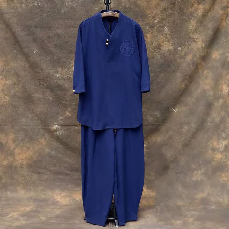 Buddha Stones 2-teiliges Set für Frühling und Sommer: Tang-Stil Hemd und Hose mit Mandarin-Kragen, Stickerei, einfarbige Baumwolle, Herren-Meditationskleidung mit Taschen - Königsblau - US/UK/AU46, EU56 (5XL) - image 18