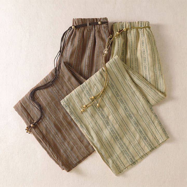 Buddha Stones Lässige Boho-Hose für Frühling und Sommer: Gestreifte Knöchelhose mit Kordelzug, gerades Bein und Tasche - image 18
