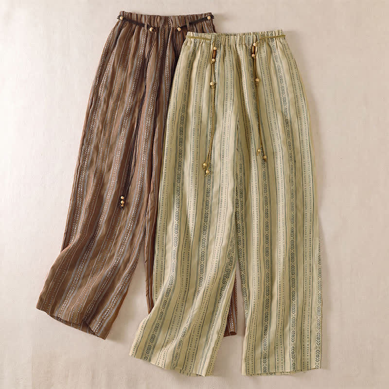 Buddha Stones Lässige Boho-Hose für Frühling und Sommer: Gestreifte Knöchelhose mit Kordelzug, gerades Bein und Tasche - image 17