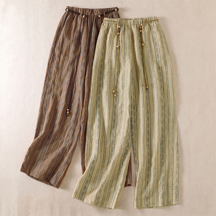 Buddha Stones Lässige Boho-Hose für Frühling und Sommer: Gestreifte Knöchelhose mit Kordelzug, gerades Bein und Tasche - image 17