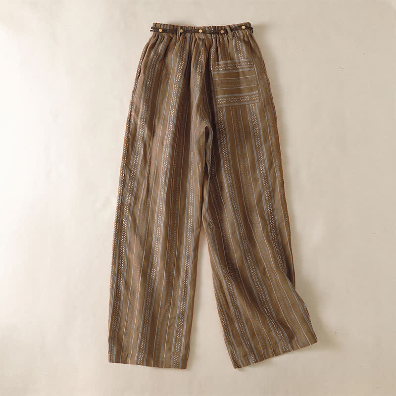 Buddha Stones Lässige Boho-Hose für Frühling und Sommer: Gestreifte Knöchelhose mit Kordelzug, gerades Bein und Tasche - image 1