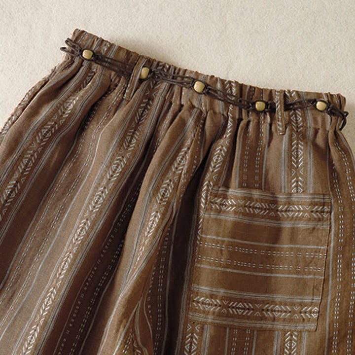 Buddha Stones Lässige Boho-Hose für Frühling und Sommer: Gestreifte Knöchelhose mit Kordelzug, gerades Bein und Tasche - image 3