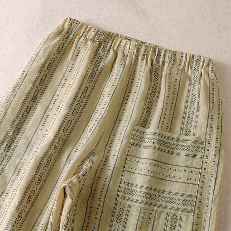 Buddha Stones Lässige Boho-Hose für Frühling und Sommer: Gestreifte Knöchelhose mit Kordelzug, gerades Bein und Tasche - image 11