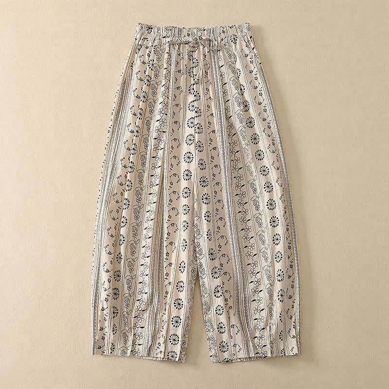 Buddha Stones Lässige Boho-Caprihose mit Kordelzug, Streifenmuster, Zweig- und Sternenmuster sowie Tasche für Damen – ideal für Frühling und Sommer. - Weiß - US8-10, UK/AU12-14, EU40-42 (2XL) - image 0