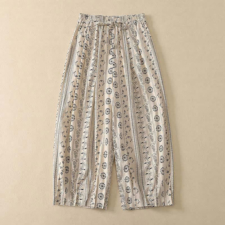 Buddha Stones Lässige Boho-Caprihose mit Kordelzug, Streifenmuster, Zweig- und Sternenmuster sowie Tasche für Damen – ideal für Frühling und Sommer. - Weiß - US8-10, UK/AU12-14, EU40-42 (2XL) - image 0