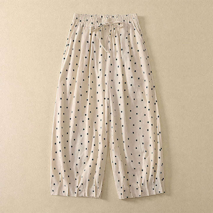 Buddha Stones Lässige Boho-Caprihose mit Kordelzug, Streifenmuster, Zweig- und Sternenmuster sowie Tasche für Damen – ideal für Frühling und Sommer. - Antikweiß - US8-10, UK/AU12-14, EU40-42 (2XL) - image 5
