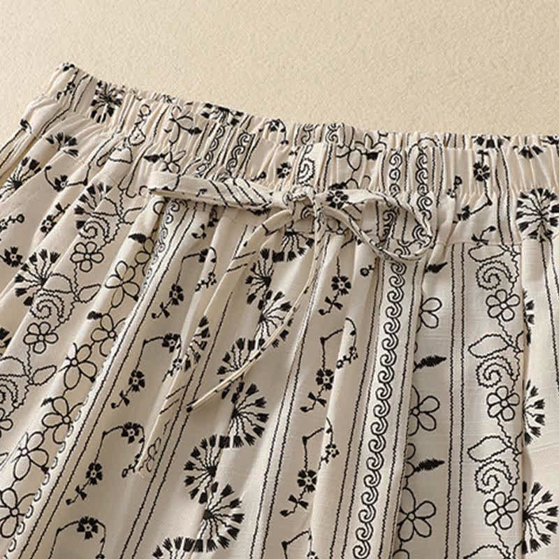 Buddha Stones Lässige Boho-Caprihose mit Kordelzug, Streifenmuster, Zweig- und Sternenmuster sowie Tasche für Damen – ideal für Frühling und Sommer. - image 1