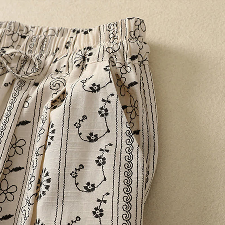 Buddha Stones Lässige Boho-Caprihose mit Kordelzug, Streifenmuster, Zweig- und Sternenmuster sowie Tasche für Damen – ideal für Frühling und Sommer. - image 2