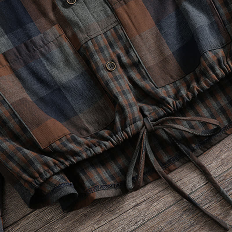 Buddha Stones Lässiger Vintage-Hoodie mit Knopfleiste, Kordelzug und Karomuster für Damen mit Tasche für den Herbst. - image 22
