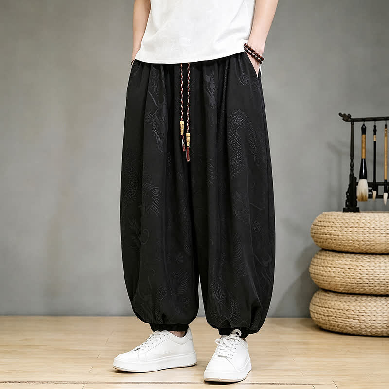 Buddha Stones Lässige Haremshose im Tang-Stil mit Kordelzug und Tasche für Herren – ideal für Frühling und Sommer. - Schwarz - US/UK/AU46, EU56 (5XL) - image 0