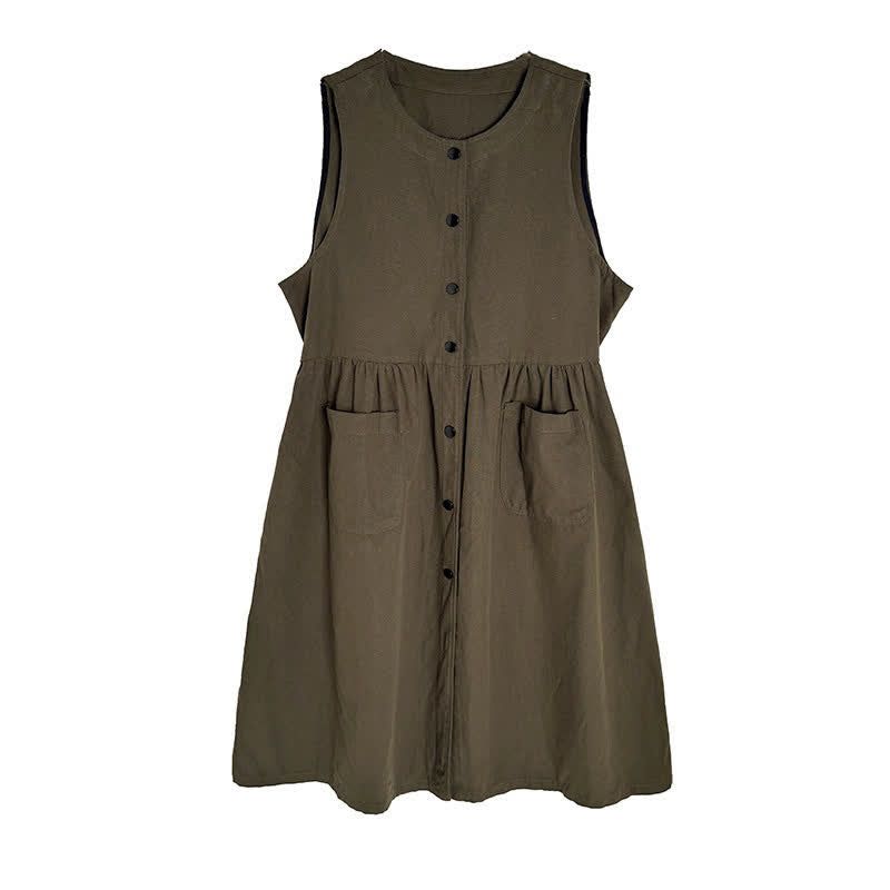 Buddha Stones Lässiges, minimalistisches, einfarbiges Sommerkleid für Damen mit Knopfleiste und Tasche - image 11