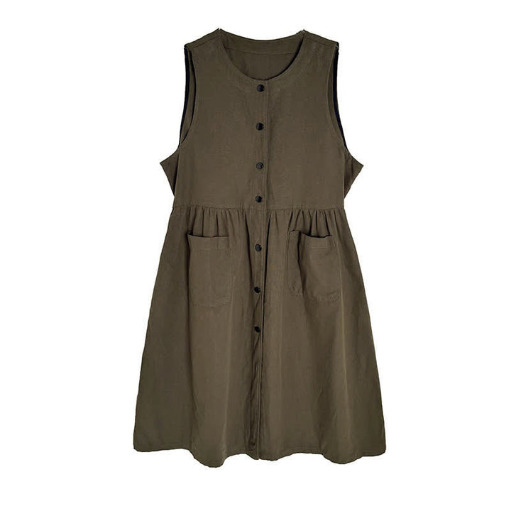 Buddha Stones Lässiges, minimalistisches, einfarbiges Sommerkleid für Damen mit Knopfleiste und Tasche - image 11