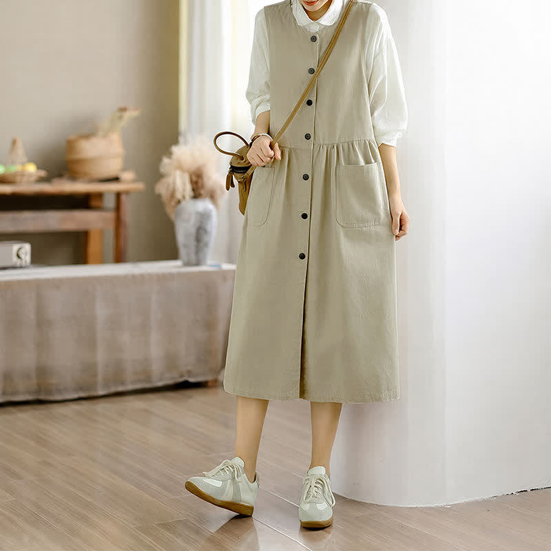 Buddha Stones Lässiges, minimalistisches, einfarbiges Sommerkleid für Damen mit Knopfleiste und Tasche - image 24
