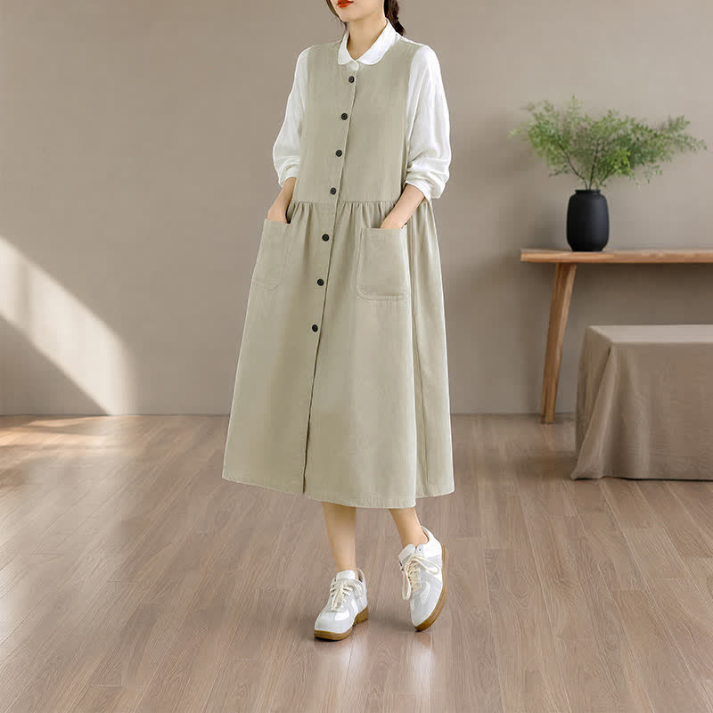 Buddha Stones Lässiges, minimalistisches, einfarbiges Sommerkleid für Damen mit Knopfleiste und Tasche - image 23