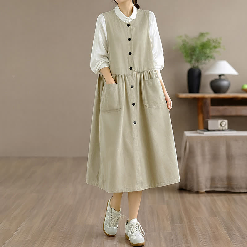 Buddha Stones Lässiges, minimalistisches, einfarbiges Sommerkleid für Damen mit Knopfleiste und Tasche - image 20