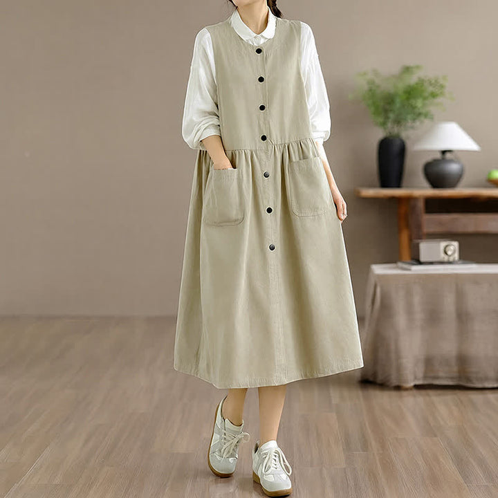 Buddha Stones Lässiges, minimalistisches, einfarbiges Sommerkleid für Damen mit Knopfleiste und Tasche - image 20