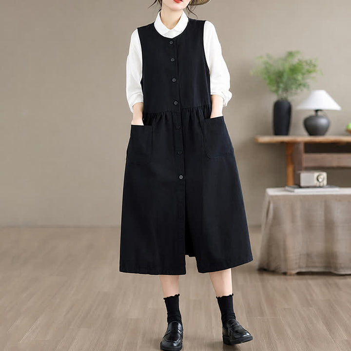 Buddha Stones Lässiges, minimalistisches, einfarbiges Sommerkleid für Damen mit Knopfleiste und Tasche - image 14