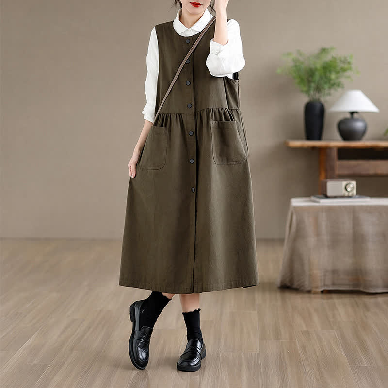 Buddha Stones Lässiges, minimalistisches, einfarbiges Sommerkleid für Damen mit Knopfleiste und Tasche - image 1