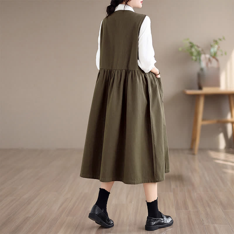 Buddha Stones Lässiges, minimalistisches, einfarbiges Sommerkleid für Damen mit Knopfleiste und Tasche - image 4