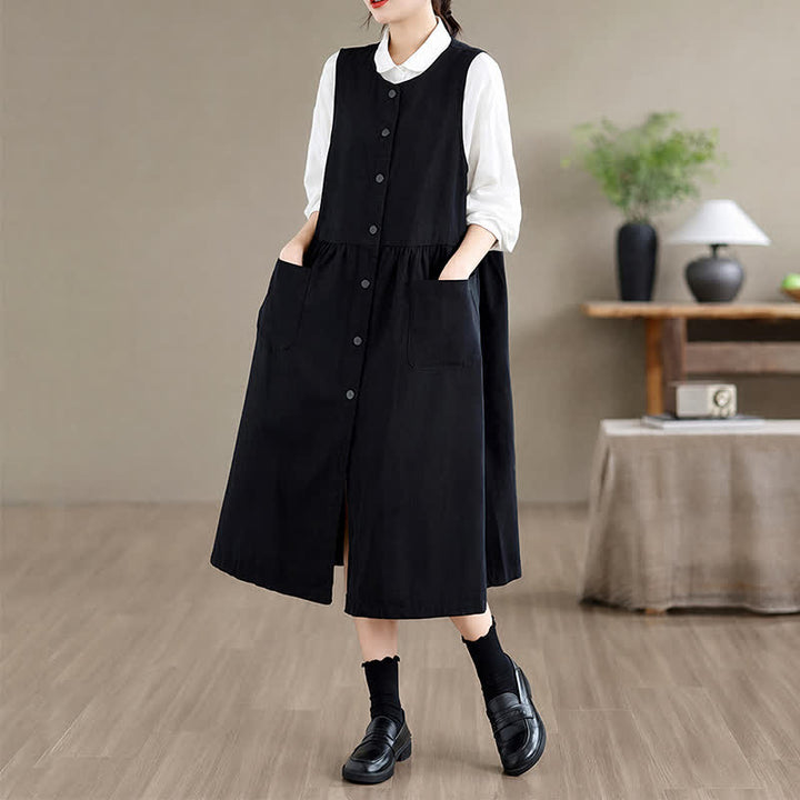 Buddha Stones Lässiges, minimalistisches, einfarbiges Sommerkleid für Damen mit Knopfleiste und Tasche - Schwarz - US8-10, UK/AU12-14, EU40-42 (XL) - image 12