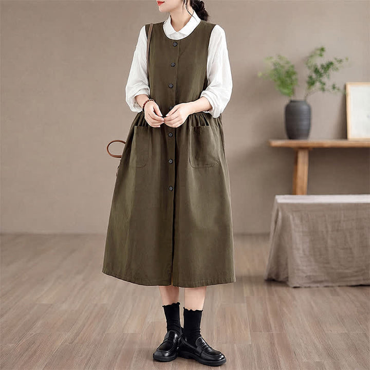 Buddha Stones Lässiges, minimalistisches, einfarbiges Sommerkleid für Damen mit Knopfleiste und Tasche - image 2