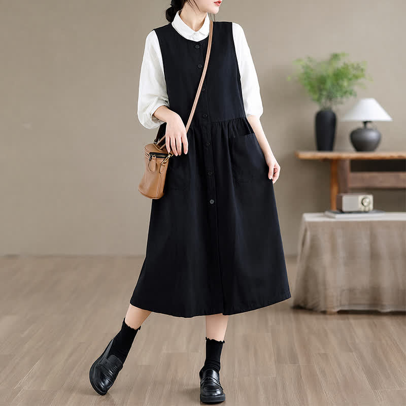 Buddha Stones Lässiges, minimalistisches, einfarbiges Sommerkleid für Damen mit Knopfleiste und Tasche - image 13