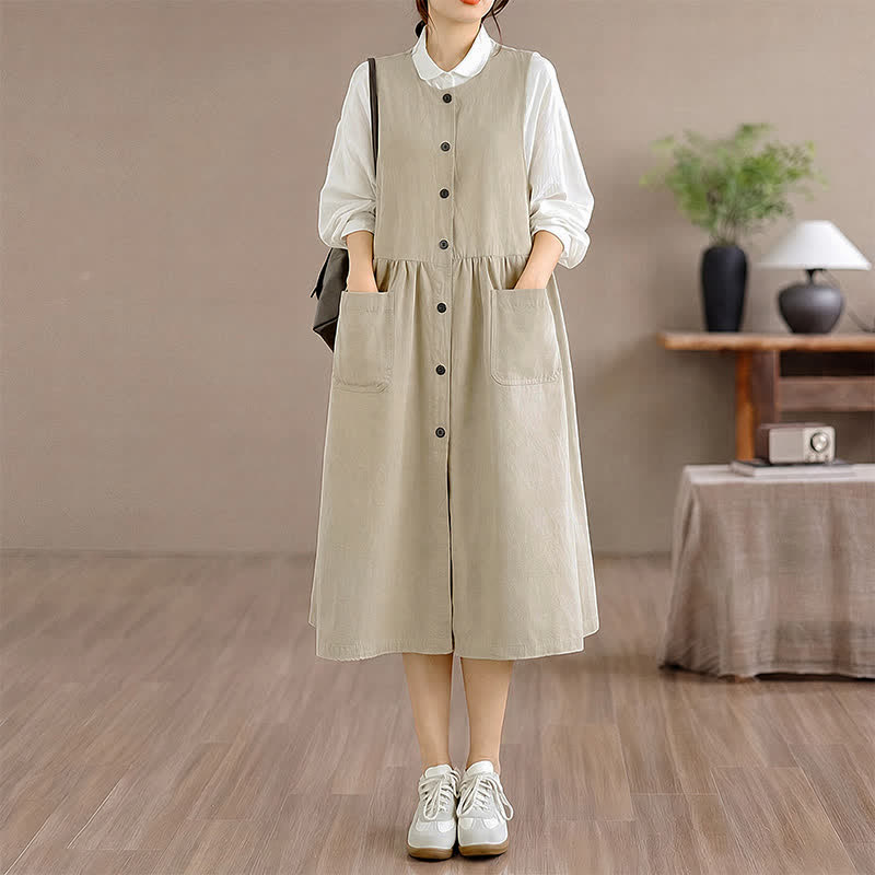 Buddha Stones Lässiges, minimalistisches, einfarbiges Sommerkleid für Damen mit Knopfleiste und Tasche - image 19