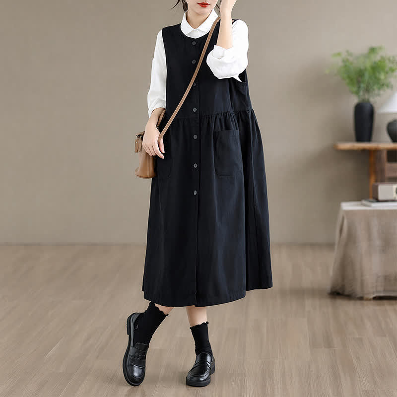 Buddha Stones Lässiges, minimalistisches, einfarbiges Sommerkleid für Damen mit Knopfleiste und Tasche - image 15