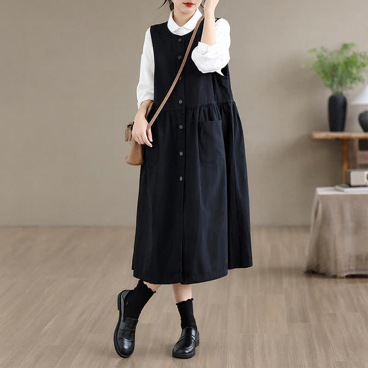 Buddha Stones Lässiges, minimalistisches, einfarbiges Sommerkleid für Damen mit Knopfleiste und Tasche - image 15