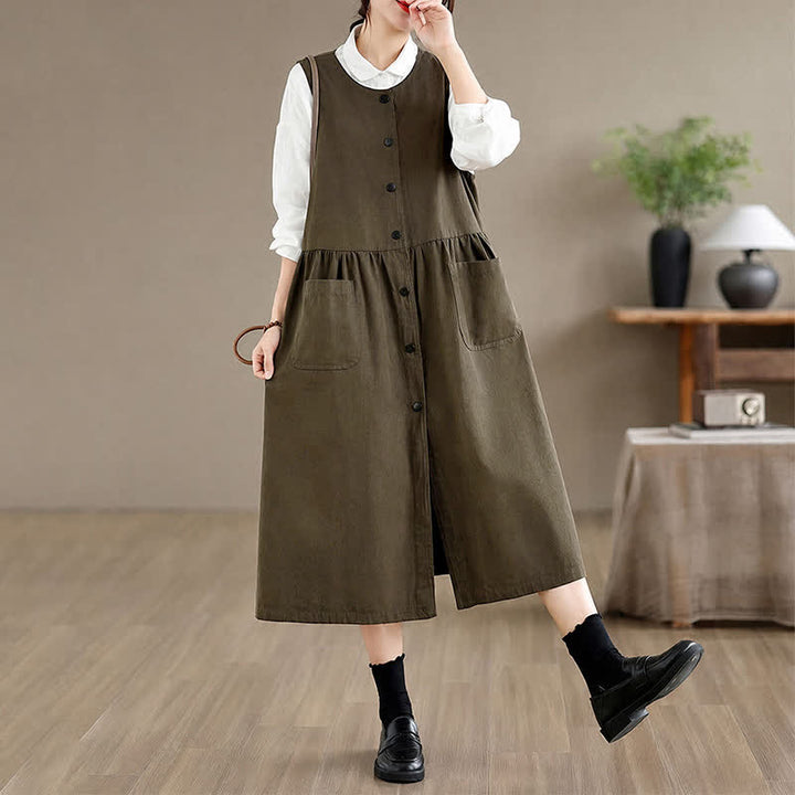 Buddha Stones Lässiges, minimalistisches, einfarbiges Sommerkleid für Damen mit Knopfleiste und Tasche - Dunkelolivgrün - US8-10, UK/AU12-14, EU40-42 (XL) - image 0