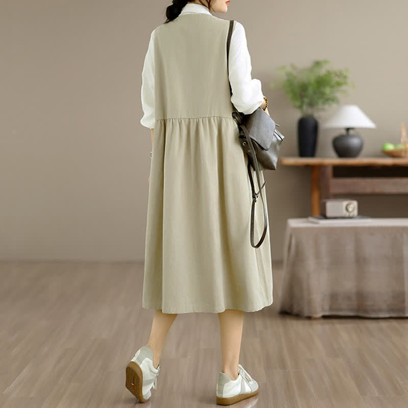 Buddha Stones Lässiges, minimalistisches, einfarbiges Sommerkleid für Damen mit Knopfleiste und Tasche - image 22