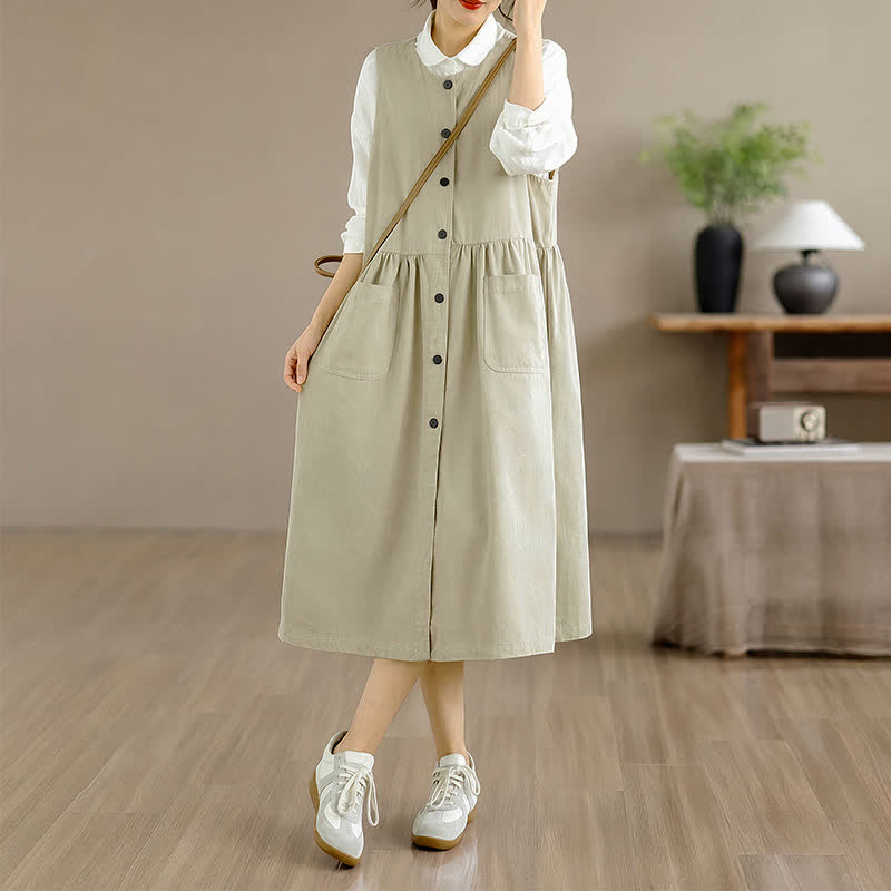 Buddha Stones Lässiges, minimalistisches, einfarbiges Sommerkleid für Damen mit Knopfleiste und Tasche - image 21