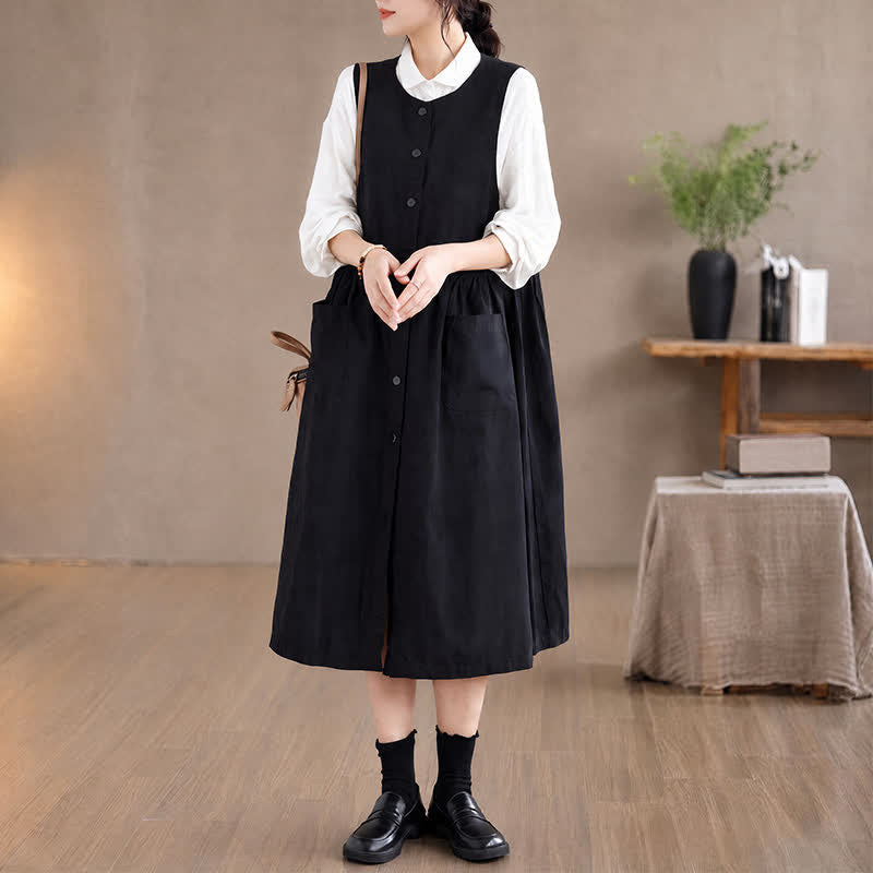 Buddha Stones Lässiges, minimalistisches, einfarbiges Sommerkleid für Damen mit Knopfleiste und Tasche - image 17